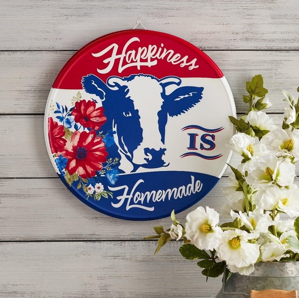 Pioneer Woman Metal Sign With Cow Red White And Blue